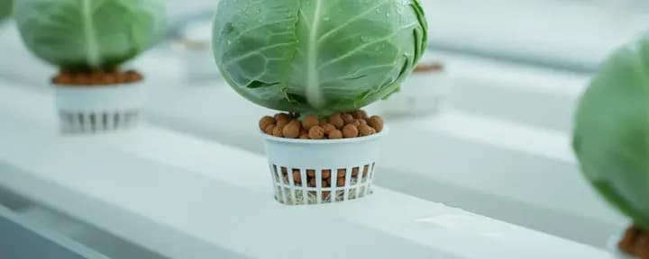 Cabbage growing soil-free in a hydroponic net pot